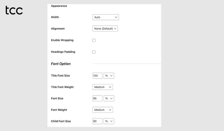Cài đặt giao diện hiển thị cho TOC