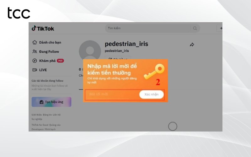 cách nhập mã mời tiktok trên máy tính