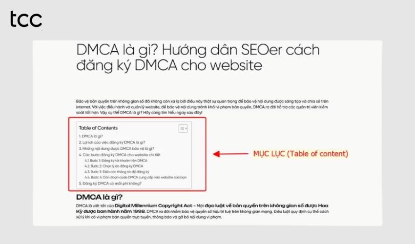 Giao diện hiển thị Table of Content hoàn chỉnh