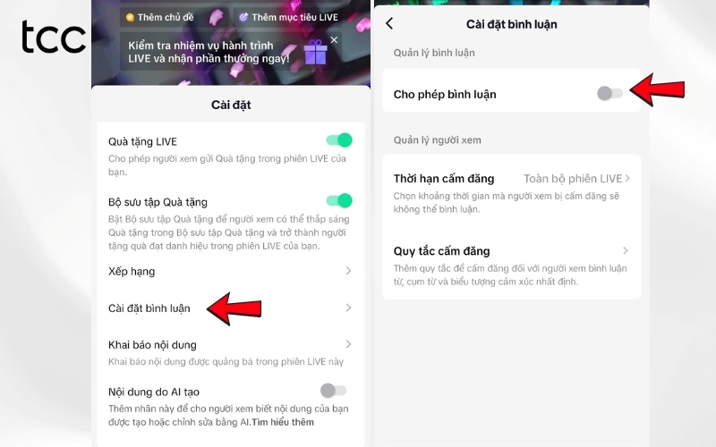 tắt bình luận live tiktok
