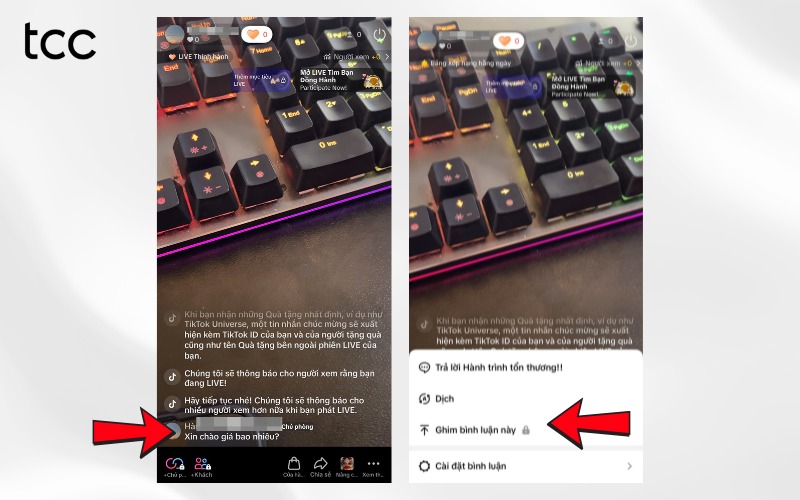 cách ghim bình luận trên tiktok live