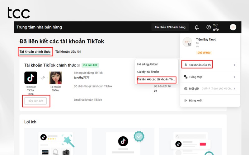 huỷ liên kết TikTok Seller Business