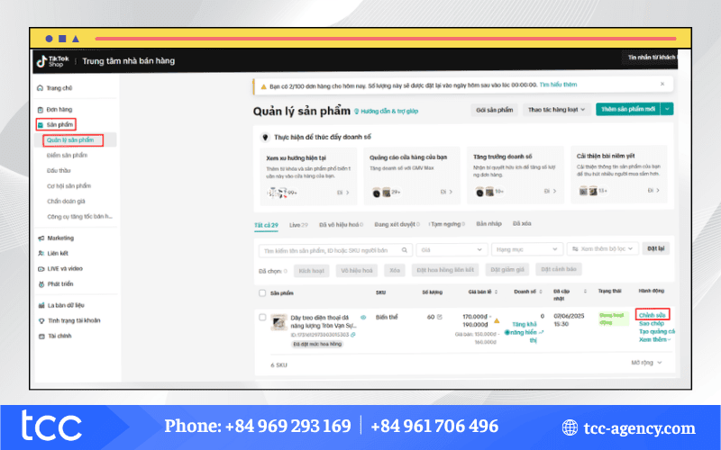 cách sửa giá trên tiktok shop