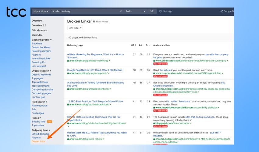 kiểm tra broken link bằng Ahrefs
