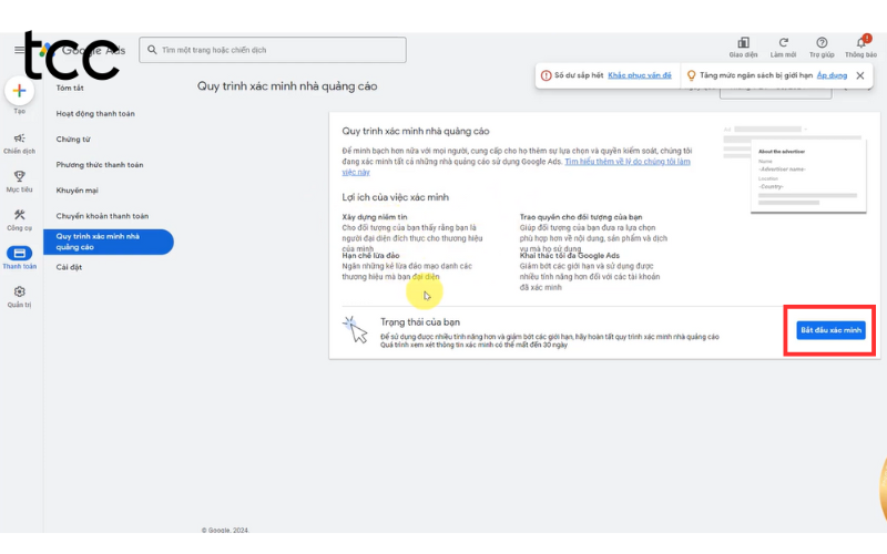 quy trình xác minh nhà quảng cáo google ads