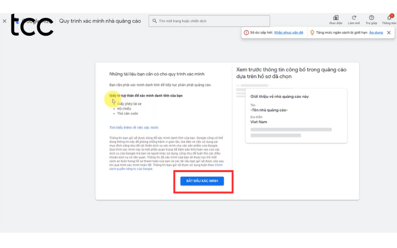 xác minh doanh nghiệp google ads
